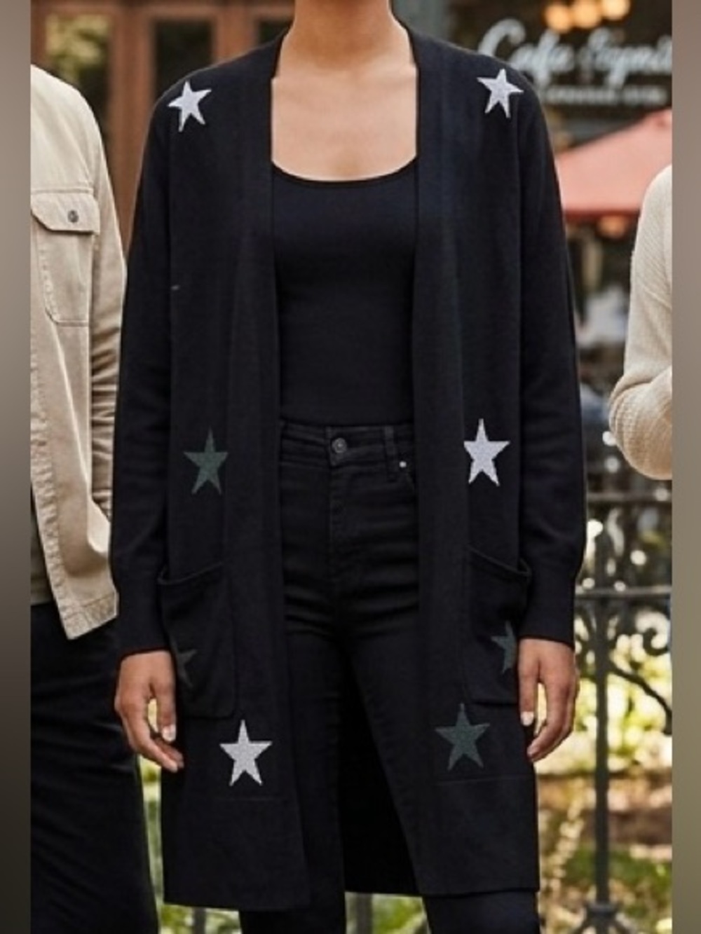 Rachel Zoe Black Star Cardigan Knit Sweater Long Open Front Duster Size Medium